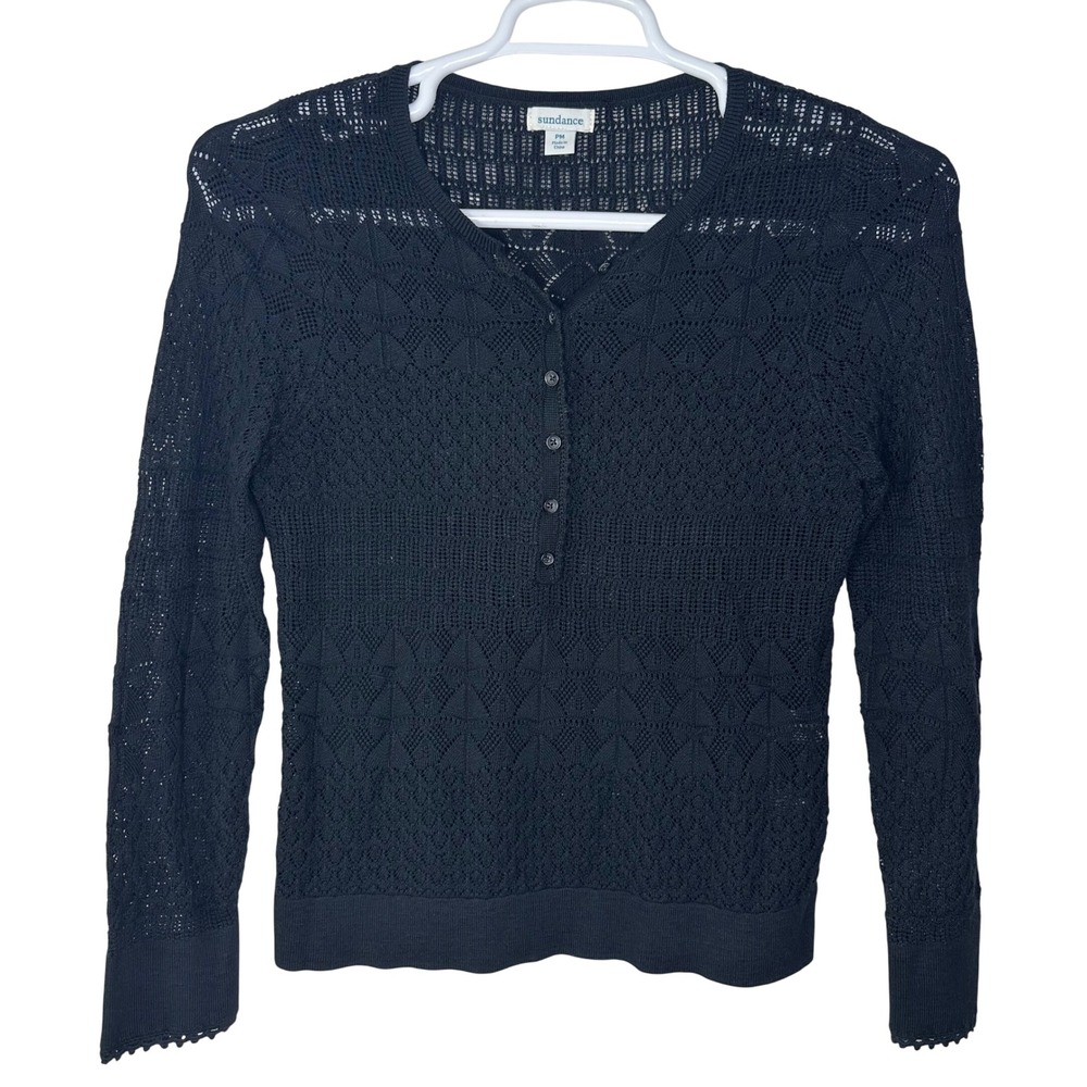 Sundance Black‎ Crochet Knit Top Henley Women's Petite Medium PM Long Sleeve EUC